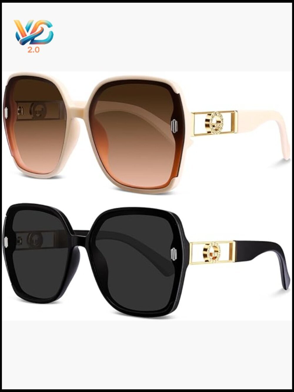 2 Pcs Retro 70s Square Sunglasses Oversized Vintage Big Large UV400 Protection